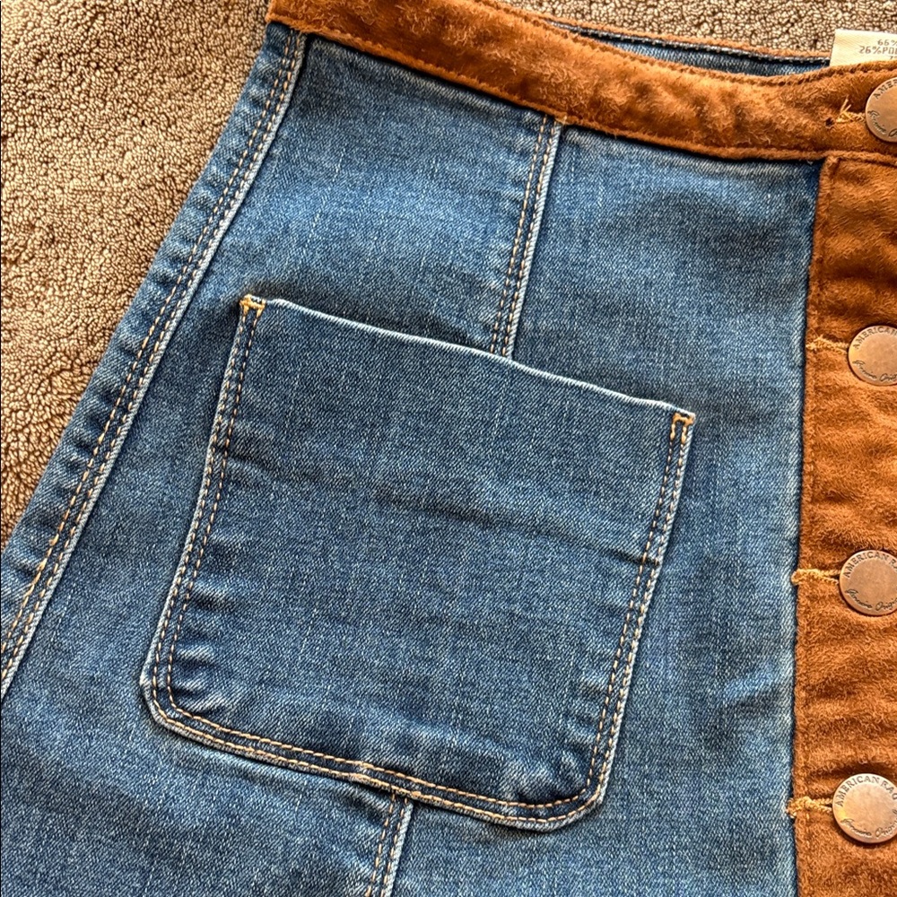 American Rag Blue Denim A-Line Skirt with Brown Trim - Picture 2 of 4